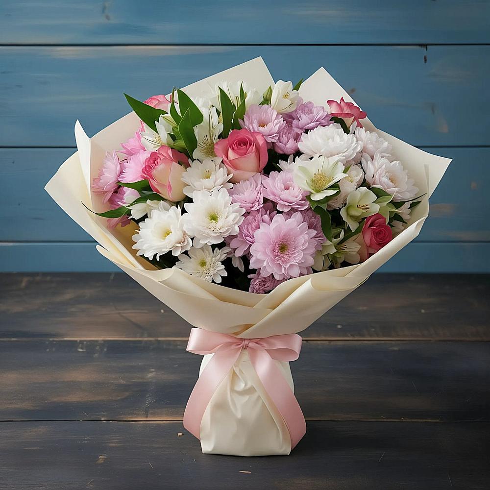 Букет цветов из: Хризантемы, Альстромерии и Розы в Кушве